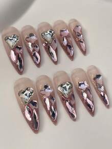 10 pezzi di unghie finte pressate a mano rimovibili, design originale minimalista, unghie lunghe e appuntite color rosa sfumato, accessori per unghie estive delicati fatti a mano con applicazione di diamanti e set di adesivi per unghie e colla per donne e ragazze
