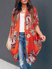 Womens Floral Kimono Duster Cardigans Short Sleeve Draped Oversized Beach Cover Up Cape - 紅色 - 查看 3