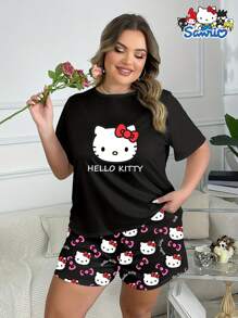 Sanrio Sanrio 2pcs Short Sleeve Shorts Pajama Set, Casual Round Neck Top And Shorts With Kitty Cat Cartoon Print, Spring/Summer Collection