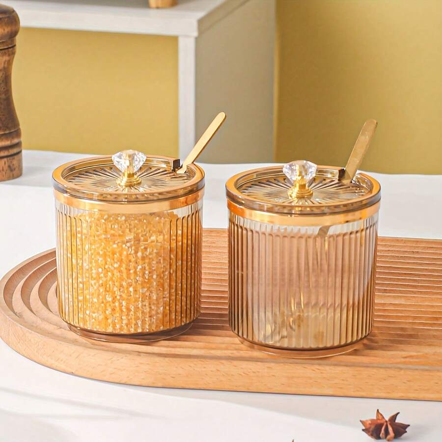 1 件优雅欧式调味罐套装带勺 - 防锈聚丙烯，透明金色装饰，适用于盐、糖和香料，厨房必备储物，香料收纳盒 | 透明设计 | 装饰盖，香料罐