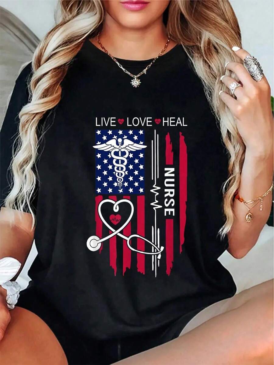 % Cotton American Nurse Day Gifts, Week Nurse, Nurse's Day-Shirt Summer Outfits Women Shirts Women Graphic Tees Women - 黑色 - 查看 1