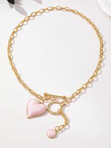 1pc Fashion 3D Alloy Coated Dome-Shaped Red Heart Pendant & Gold Water Drop Pendant Necklace - Dusty Pink - View 2
