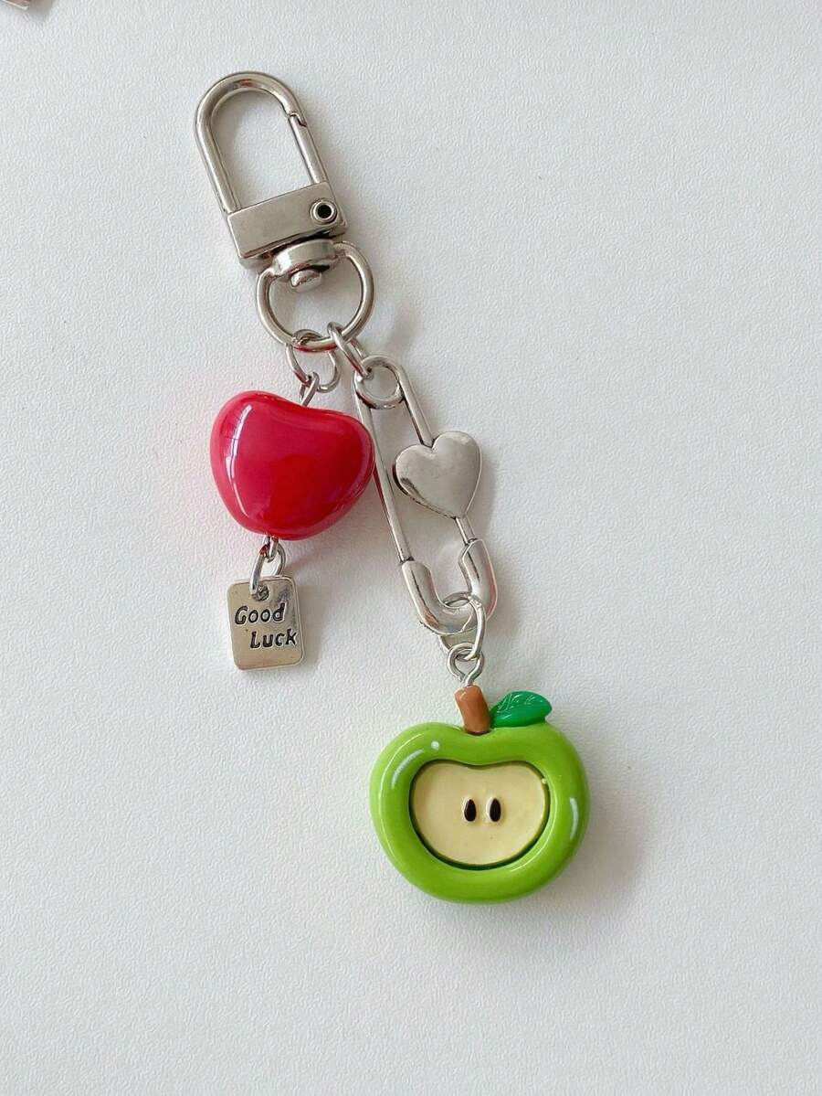 1 件女士创意绿苹果钥匙扣带心形吊坠，适合女孩的可爱礼物，背包装饰汽车配件包饰学校 - 彩色 - 查看 1