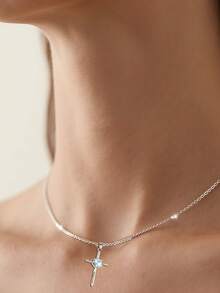 1 件 S925 纯银十字架吊坠项链，镶嵌蓝色、红色和白色宝石，欧美风格，优雅休闲，适合女孩/女士，生日/情侣礼物，日常佩戴，配有精美礼品盒 - 銀色 - 查看 7