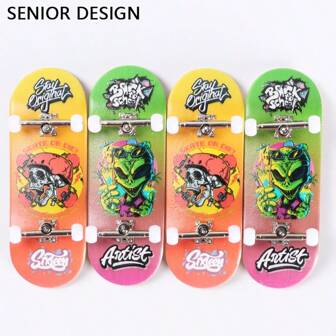 1 professioneel vingerskateboard van 34 mm, met een dubbele schedel en buitenaards ontwerp, mini-vingerskateboard van esdoornhout, creatief speelgoed voor stressverlichting