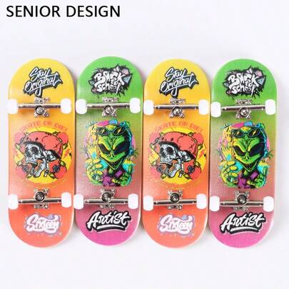 1 st 34 mm professionell fingerskateboard, dubbelsparksskalle- och aliendesign, mini-fingerskateboard i lönnträmaterial, kreativ leksak för stresslindring