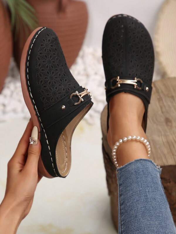 Plus Size Women High Heel Slipper, Hollow Chain Bohemian Vintage Hollow Out Sandals