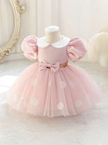 女婴波点泡泡袖蝴蝶结薄纱粉色圣诞派对礼服，优雅公主裙，适合女孩生日、周年纪念、派对、婚礼、宴会、节日庆典等场合。 - 粉色 - 查看 8