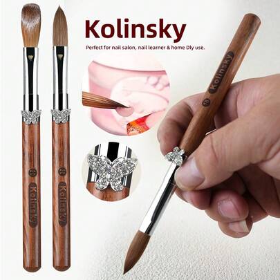 Pincel de uñas de 100% Kolinsky con mango de sándalo en forma de mariposa, rizado, para gel UV, líquido y polvo, para dibujo DIY