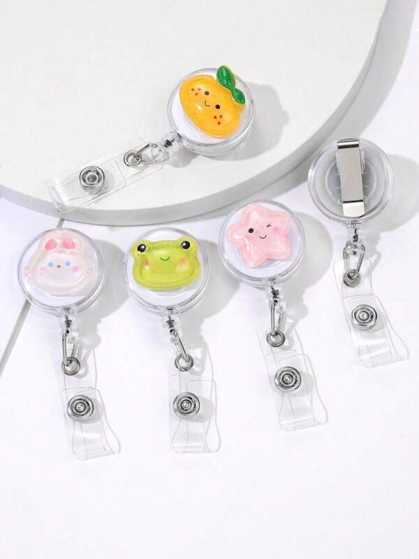 5pcs Cute Cartoon Frog, Rabbit, Bear ID Badge Clip, Retractable Clip-On Name Card Holder Back