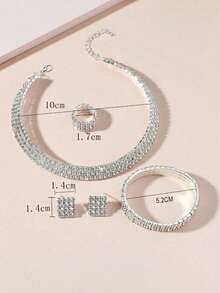 5 件套水晶链焊接颈链耳环戒指（弹性）手链（弹性） - 銀色 - 查看 4