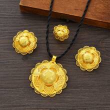 Dubai Style Luxury Jewelry Set For Women, Flower Shaped Pendant, Ring, Earrings With Star Pattern, Traditional African Bride Wedding Accessories Gift
