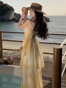 Vestido largo de playa sin espalda de color amarillo mantequilla de verano para mujer, con tirantes de espagueti sin mangas, para fiesta de graduación, vacaciones, elegante y sexy noche de fiesta, para cóctel