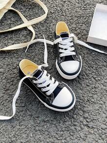 经典黑色休闲帆布鞋，中帮运动鞋，低帮系带帆布鞋，适合儿童，男孩和女孩，春秋季 - 黑色 - 查看 2