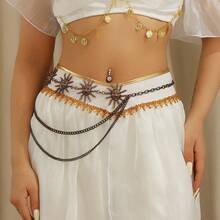 1pc Style Metallic Gold Waist Chain For Women, Retro Sunflower Metal Chain With Tassel Floral Decor Fall, Autumn, Halloween - Gold - View 8