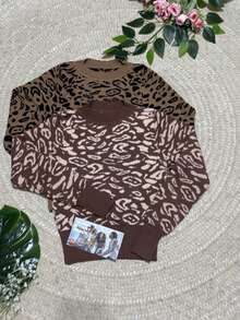 Novo sueteres Estampa total  Estampa de leopardo  Casual - Castanho - Visão 1