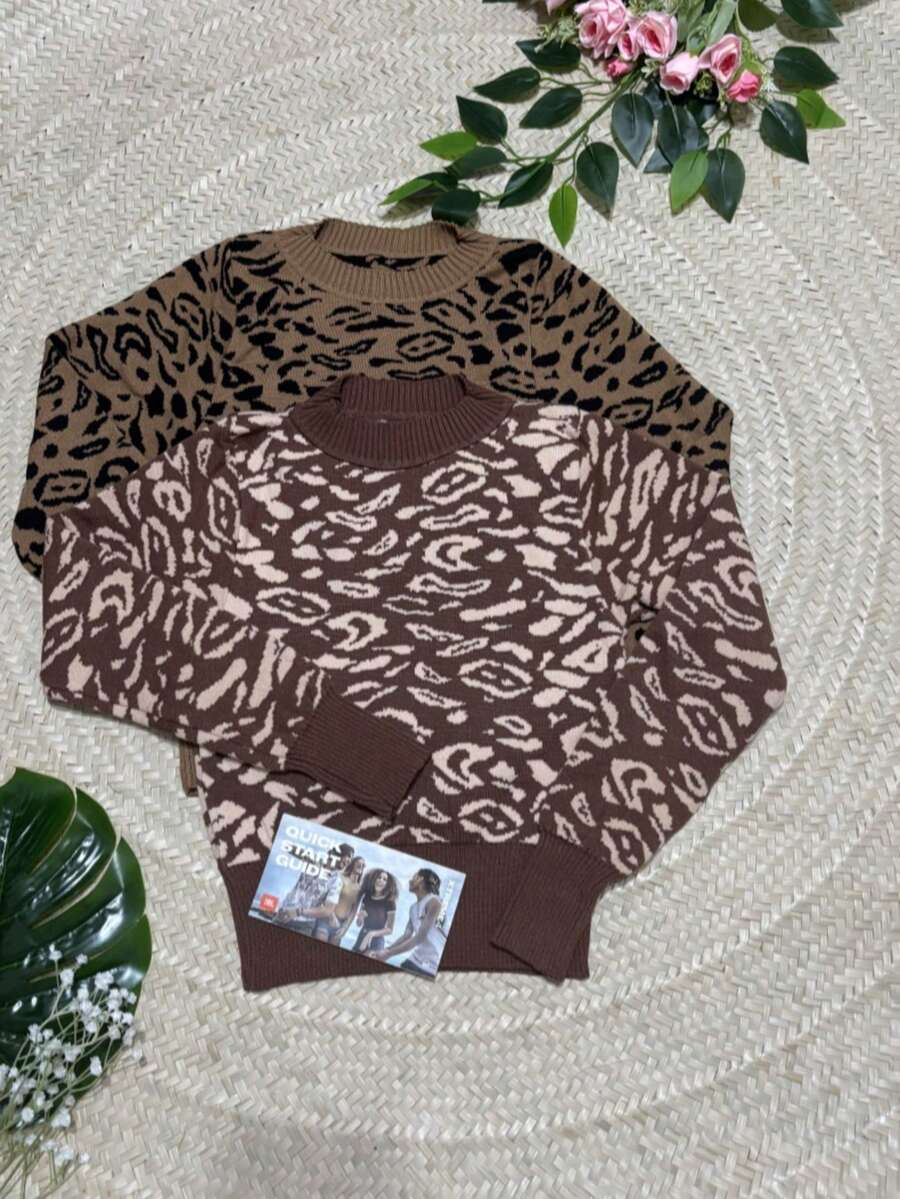 Novo sueteres Estampa total  Estampa de leopardo  Casual - Castanho - Visão 1