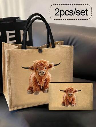 2 pièces/set de sacs fourre-tout en lin imprimés avec des vaches de dessin animé. Comprend un sac à maquillage, un sac de rangement décontracté portable. Sac de mode islamique, sac imprimé animal, sac fourre-tout de mode modeste, sac de course multifonctionnel, nouveau design de marque, grande capacité, choix d'achat idéal, convient à un usage quotidien, cadeaux de l'Aïd pour elle, anniversaires, vacances, plage, voyages, pique-niques, camping, supermarché, stockage quotidien, cadeau pour la fête des mères