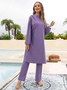 VFJ 布基尼穆斯林女士泳衣 端庄伊斯兰泳装 长袖全罩式 3 件套沙滩装 带泳帽 - 紫色 - 查看 9