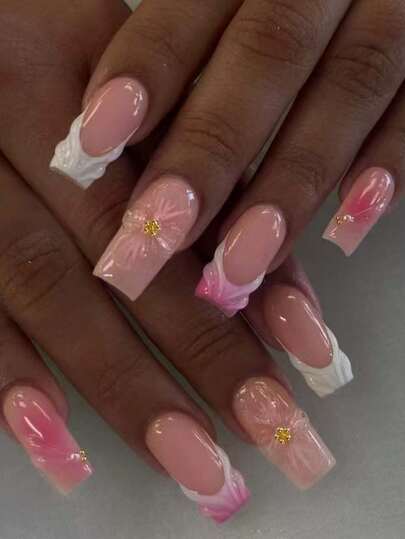 Elevate Your Style With 24Pcs Long Square 3D Gel Nail Makes Flower Nails With Pearls Design Light Blue French Acrylic Press On Nails Medium Fake Nail Set, Include: 1Pc Jelly Glue And 1Pc Nail File, Easy To Wear Flower Nails & Summer Nails Art For Woman Girl Daily Work Wear Rave Party Use Nail Supplies Nails