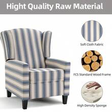 Wingback Pushback Recliner Chair, Fabric Push Back Recliners With Padded Seat Reclining Chair For Living Room Bedroom - Blue Stripe - Blue - View 4