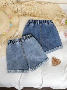 2pcs/Set Girls Flower Embroidery Denim Shorts, Casual Street Jeans For Summer Vacation