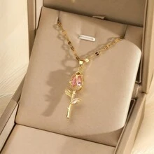 1 pieza Collar con colgante de flor dorada, estilo coreano y europeo, collar con dije de tulipán de circonita cúbica para mujeres, mejor regalo para uso diario y joyería para mujer - Dorado - Ver 2