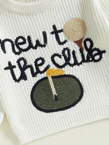 Suéter de otoño para bebé pequeño, jersey de punto de manga larga con cuello redondo y bordado de letras de golf - Blanco - Ver 4