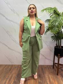 Conjunto para tallas grandes de pantalon y chaleco de moda en color verde oliva  Liso  Elegante  Casual - Verde Oliva - Ver 2