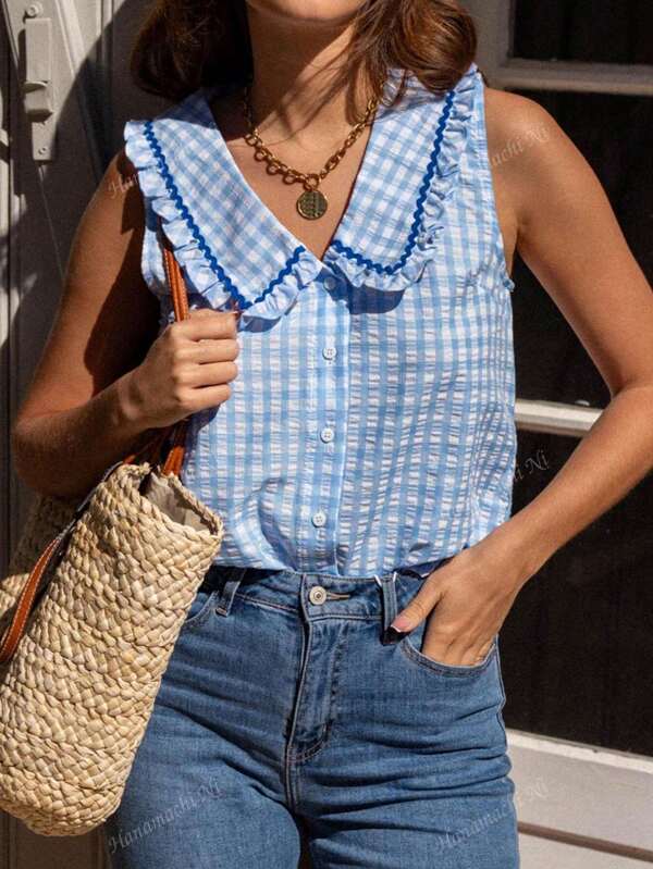 Ärmellose karierte Crop-Top mit Rüschenbesatz und Kontrastrand, frischer, lässiger College-Stil, süß, geeignet für Urlaub, Alltagstragen, Dates, Frühling/Sommer Neuankömmling