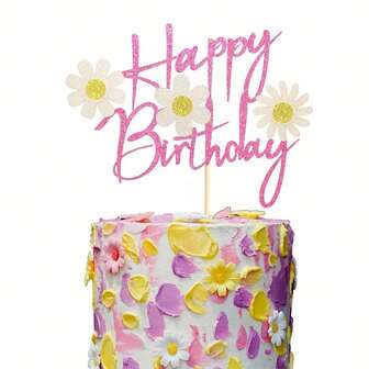 1pc Daisy Flower Happy Birthday Cake Topper, Pink Dasiy Flowers Cake Decor, Summer Chrysanthemum Daisy Birthday Party Supplies, White Daisy Flower Themed Party Cake Decoration Supplies