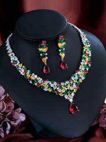 1 conjunto de colar e brincos femininos super luxuosos, multicoloridos e brilhantes, com zircônia cúbica, para festival e festa, conjunto de joias para mulheres, decoração de casamento