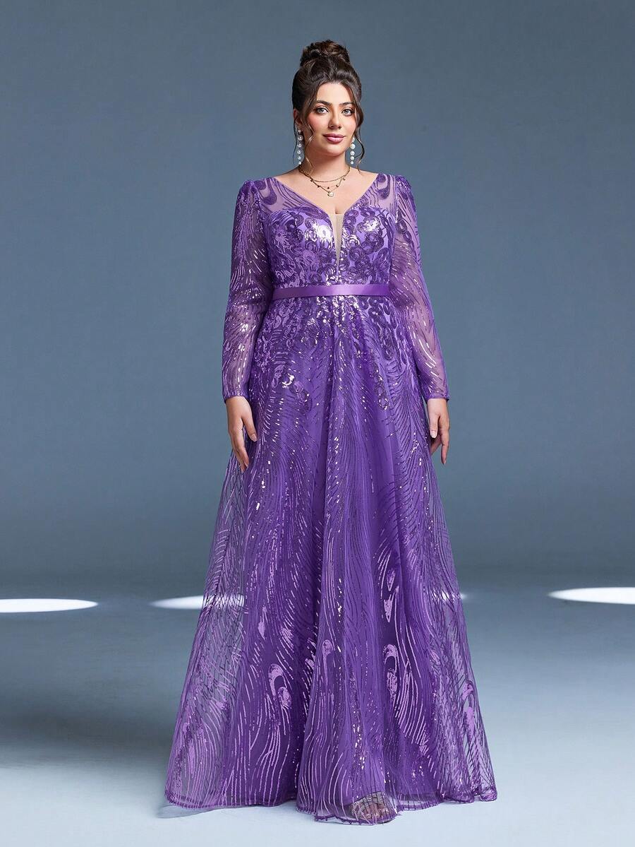 Mgiacy New Arrival V Neck Dark Purple Plus Size Evening Gown Dress Sequin Belt Mesh Long Dress