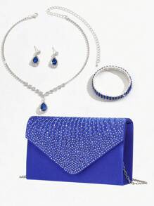 4 Peças Conjunto de Moda Feminina com Bolsa de Embreagem Versátil com Pedrinhas e Alça de Corrente, Mais Conjunto de Joias com Colar, Brincos e Pulseira com Pedrinhas