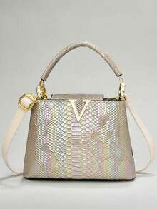 Luxus Damen Handtasche mit Schlangenmuster, stilvolles überlagertes Design, kombiniert mit goldfarbenem Beschlag, multifunktionale Schultertasche und Umhängetasche, PU-Material, elegant für den täglichen Gebrauch, Schultertasche für den Alltag, Tasche mit Schlangenmuster, abnehmbarer Schultergurt - Khaki - Übersicht 6