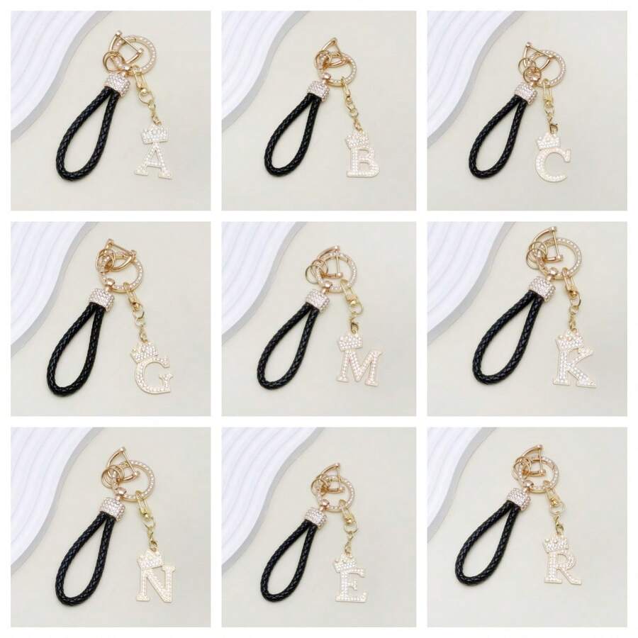 1pc Premium Braided Leather Keychain With Shiny Gold 26 Letter Charms Pendant - , Fashionable And Multifunctional Women Keychain - Various Colors, Perfect Accessory For Car Owners, Stylish Gift Idea - Multicolor - View 1