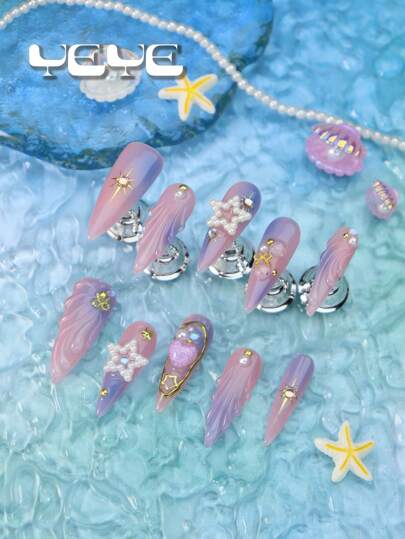 Express Your Love With Charming 10pcs Stiletto Shape Handmade Gradient Purple Pink Y2K 3d Three-Dimensional Decoration Shell Mermaid Sunshine European Style Boho Full Coverage Press On Nail Set Elegant Sweet Heart Pearl Star Glitter Heart With Mini Bow-Knot Star-Moon Korea Style Full Coverage Acrylic Fake Nails Kit For Women And Girls Wedding Nails & 1pc Mini Nail File & 1 Sheet Adhesive Tabs