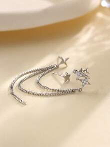 Nooxian 2 件优雅奢华星形耳钉和星形流苏耳夹套装，适合派对、度假佩戴 - 銀色 - 查看 4