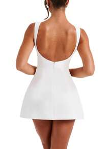 Women's Square Neck Cap Sleeve Mini Dress Sleeveless Back Zipper A Line Party Club Dresses - White - View 3