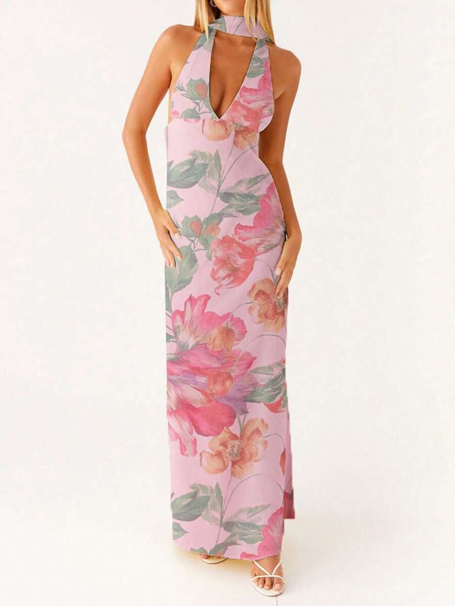 Women Sleeveless V Neck Formal Party Evening Cocktail Long Dress Halter Neck Open Back Silk Satin Maxi Dresses With Scarf - Màu tím - Xem 1