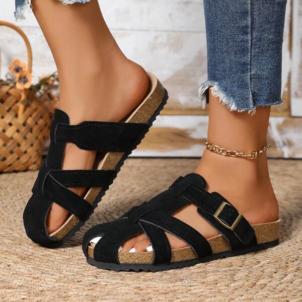 Bohemian Style Solid Color Buckle Decor Flat Round Toe Slip On Buckle Criss-Cross Strap Women's Outdoor Sandals/Slippers For Beach, Holiday, Home, Spring/Summer