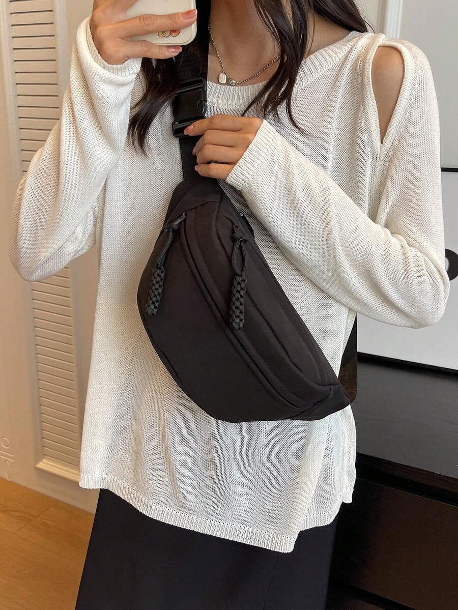 Bolso de hombro inclinado con bolsa de cintura adjunta, bolso casual de mujer de moda - Negro - Ver 1