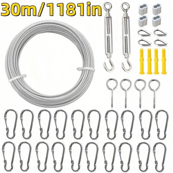 Summer Sliding Rope Track Sun Shading Set, Includes 30m Rope, Locks, Tightener & Fixing Screws, Convenient Outdoor Installation Smooth Retractable Sunshade Screen