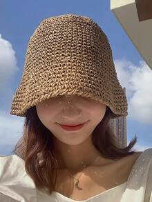 1 Pc Unisex Fashion Grass Straw Hat, Khaki Casual Sun Hat, Foldable Handmade Woven Bucket Hat For Women, Korean Style Summer Beach Hat, Lightweight Sun Protection For Outdoor Travel, Gift