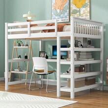Full Size Loft Bed With Storage Shelves And Under-Bed Desk, White - 1 - View 3