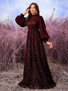 SUPGIR Vestido de fiesta de boda para invitados con cuello de lantern, elegante y brillante en la cintura, fruncido Mid Vestido, vestido de noche, vestidos de mujer de otoño