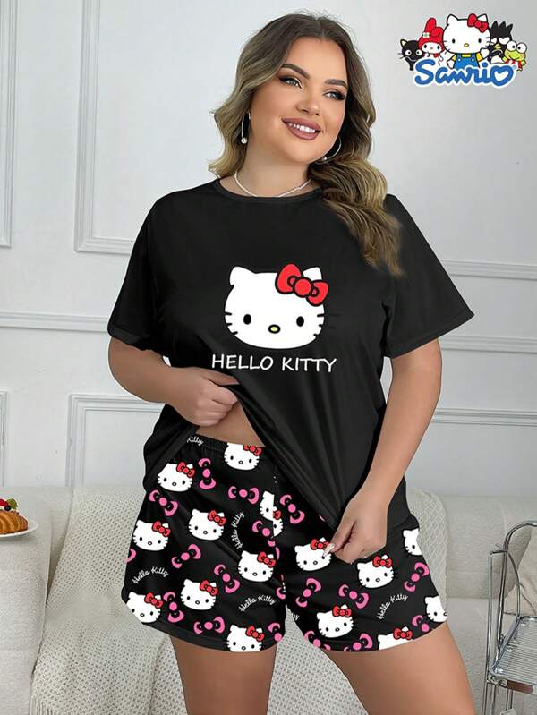 Sanrio Sanrio 2pcs Short Sleeve Shorts Pajama Set, Casual Round Neck Top And Shorts With Kitty Cat Cartoon Print, Spring/Summer Collection