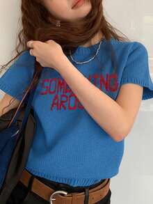 Tonlion Women's Casual Retro Contrast Color Letter Print Crew Neck Knit Short Sleeve Top, Summer