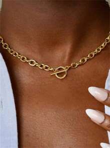 1pc Stainless Steel Waterproof And Not Easy To Fade Gold And Silver Fashion Simple OT Buckle Chain Necklace Suitable For Ladies Daily Wear.