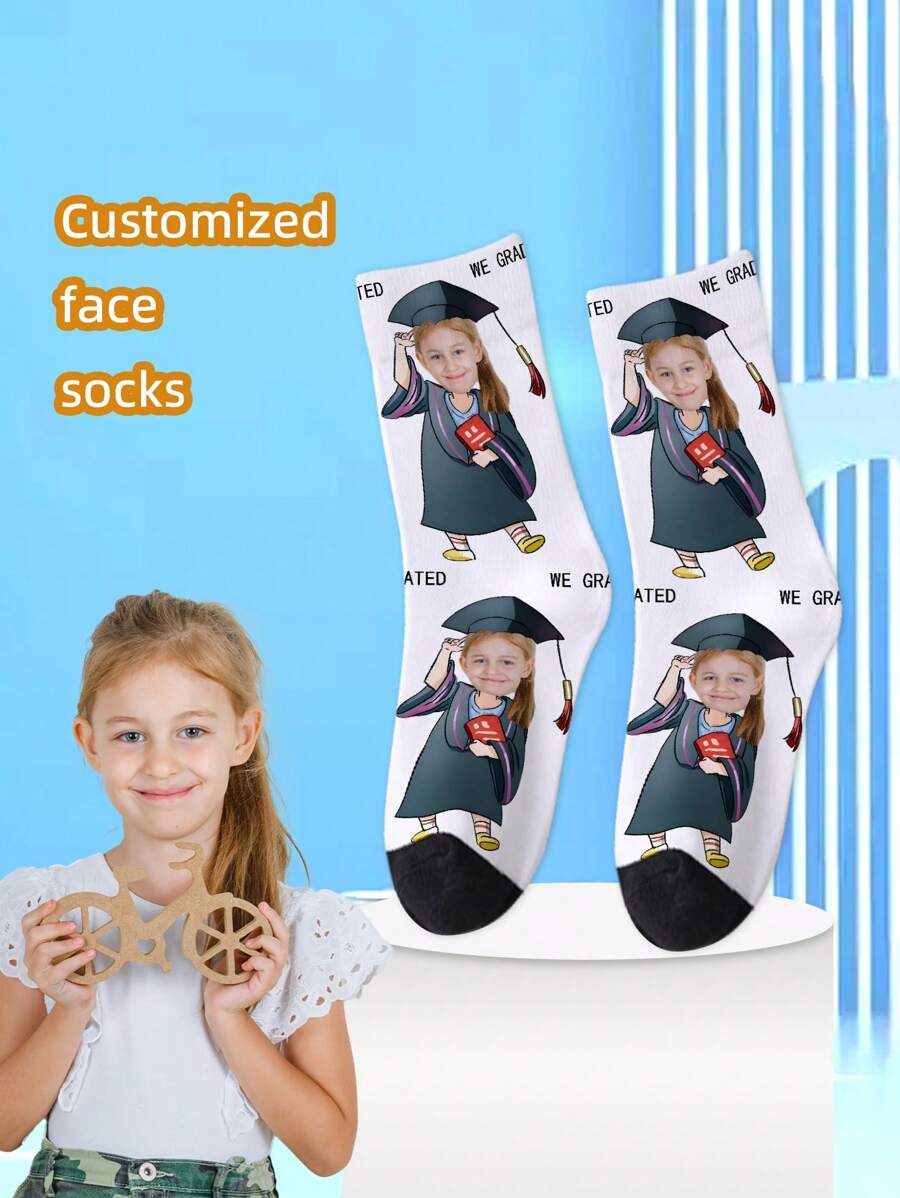 1 Pair Of Custom Face Design Mid-Calf Socks, Personalized Socks With Photo For Girls And Boys, Interesting Custom Image Mid-Calf Long Socks For Teenagers, Suitable For Daily Wear, Holidays, Birthdays, And Other Occasions